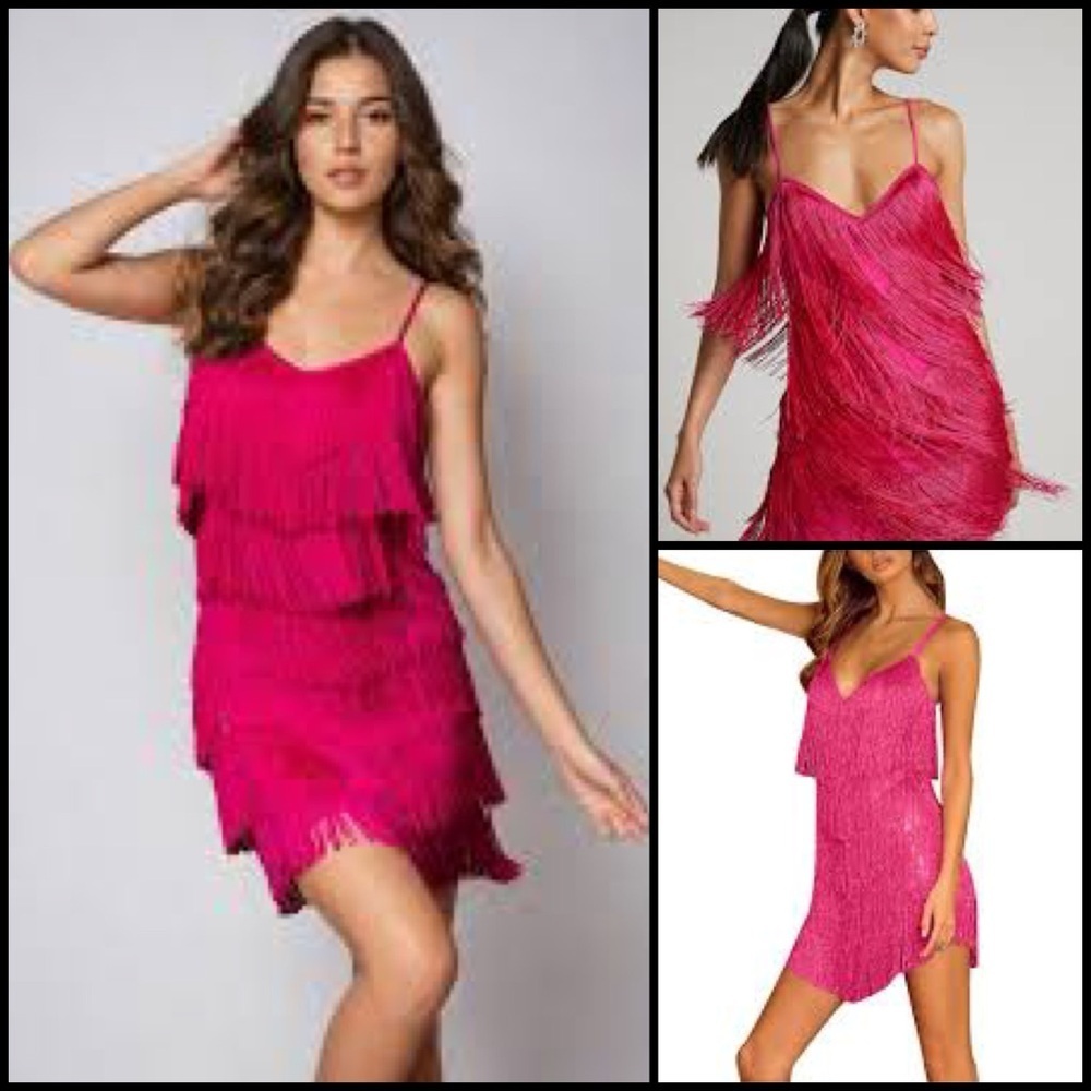 Cheryl Creations Fuchsia Pink Fringe Tiered Jeweled Zipper Flapper Mini Dress S